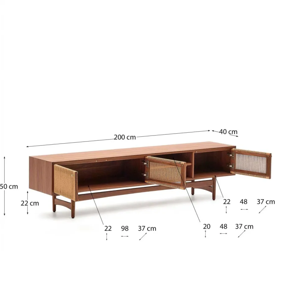 Kave Home Elan Tv skap 3 dører finér og massiv valnøtt og snor 200 x 50 cm Fsc 100% Fsc