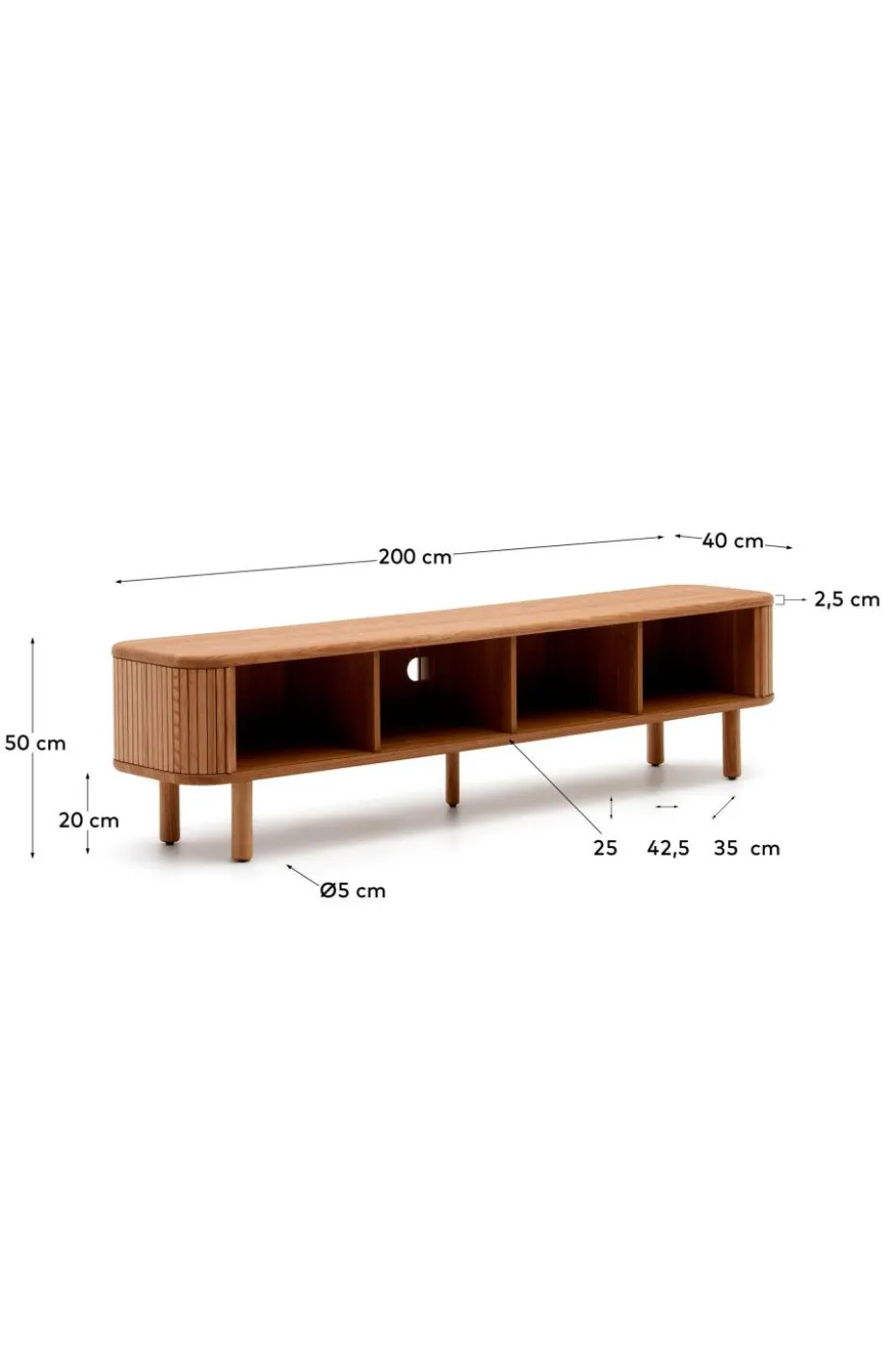 Kave Home Mailen TV-bord med 2 dører i askfinér med mørk finish 200 x 50 cm