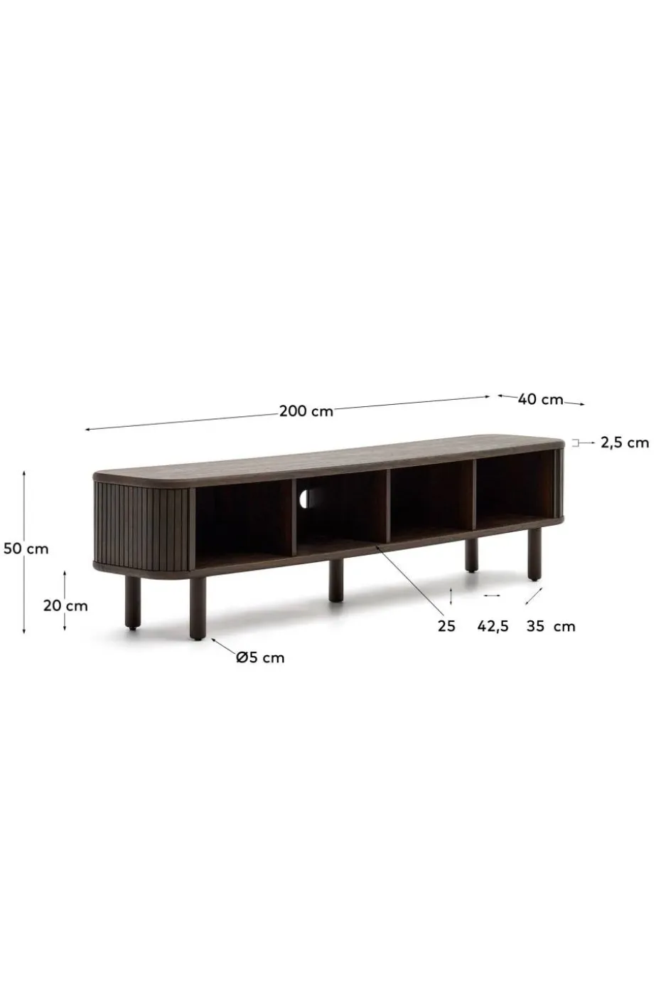 Kave Home Mailen TV-bord med 2 dører i askfinér med mørk finish 200 x 50 cm