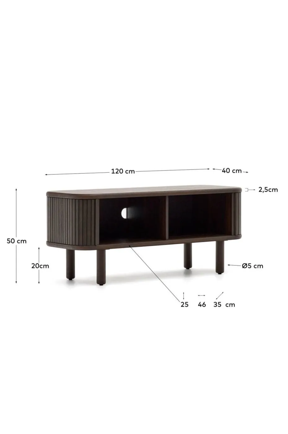 Kave Home Mailen TV-bord med 2 dører i askfinér med mørk finish 120 x 50 cm