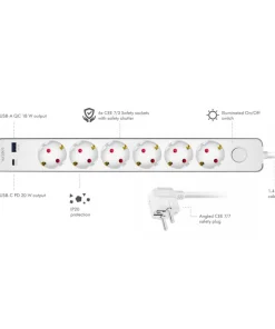 LogiLink Skjøteledning 6-veis + USB-A/USB-C