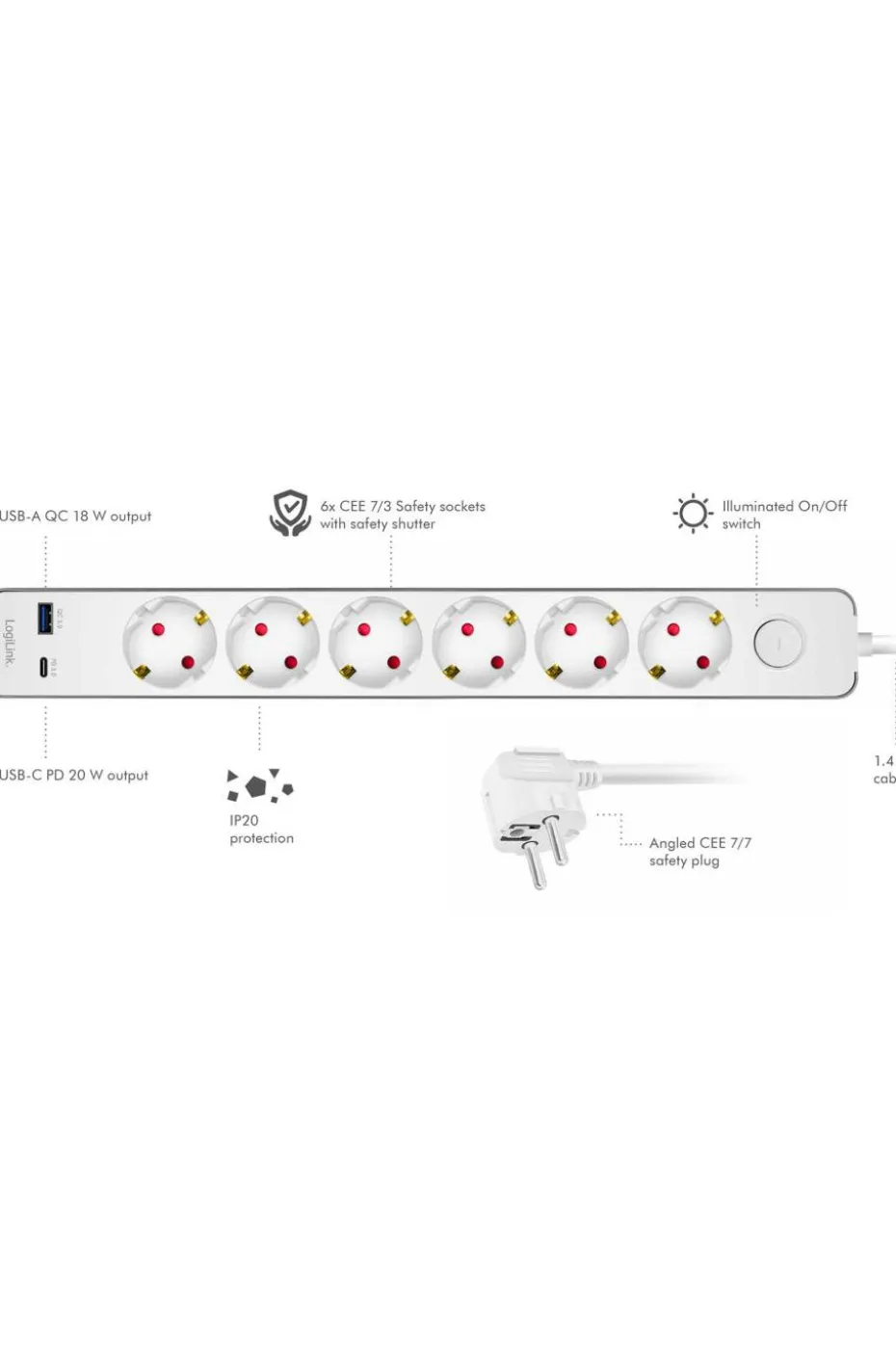 LogiLink Skjøteledning 6-veis + USB-A/USB-C