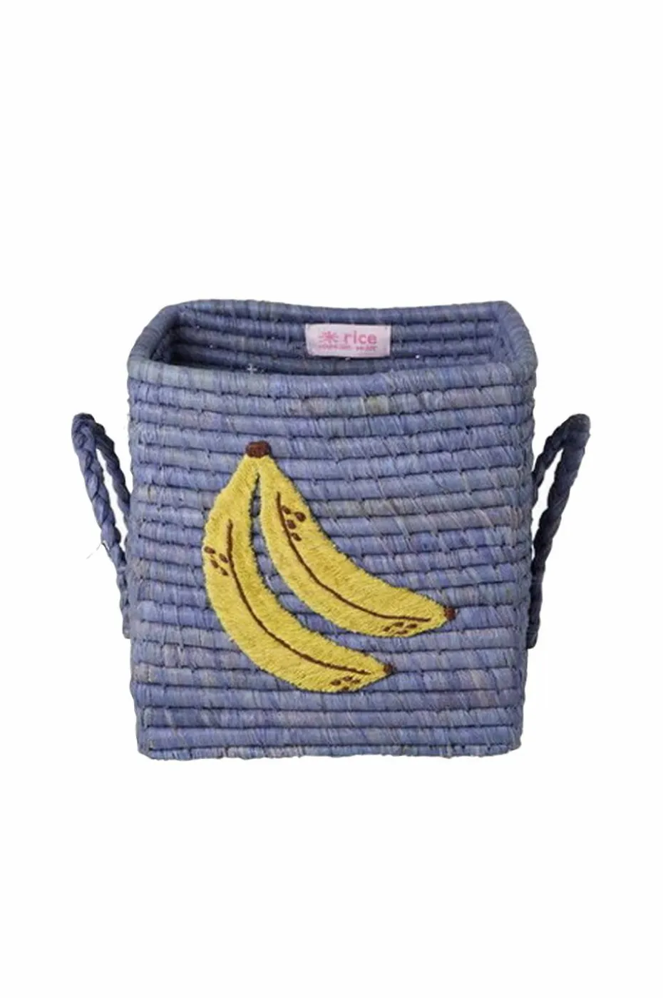 RICE Firkantet raffiakurv med stort bananbroderi og raffiahåndtak - Liten
