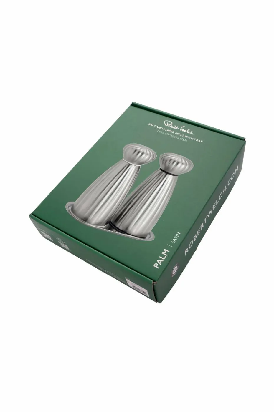 Robert Welch Salt- og pepperkverner Palm Satin Medium med brett sett