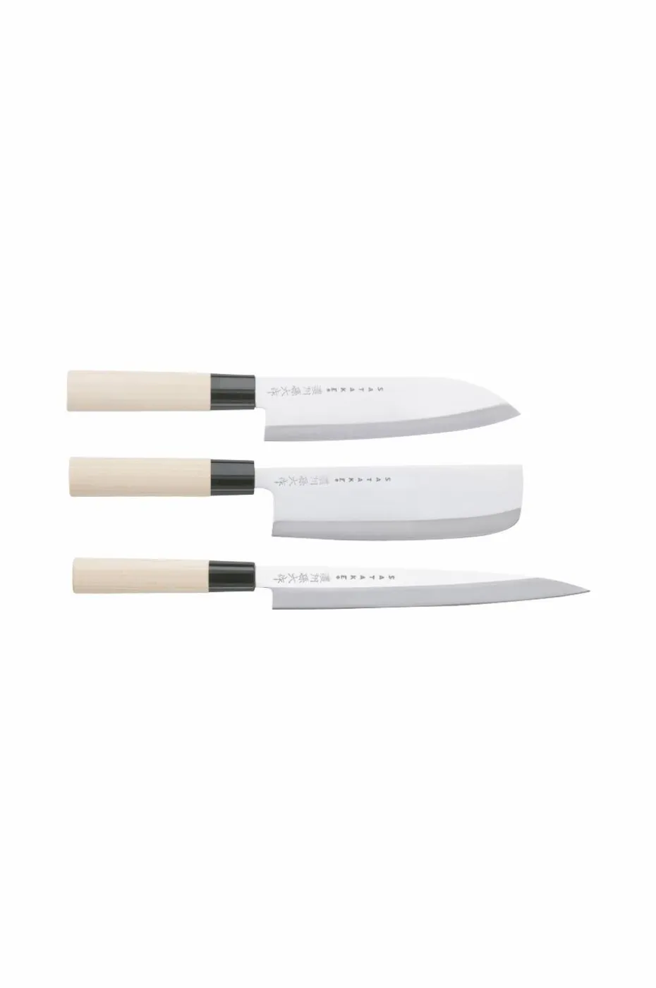 Satake Knivsett Satake Houcho med nakiri, sashimi & santoku i eske av balsatre